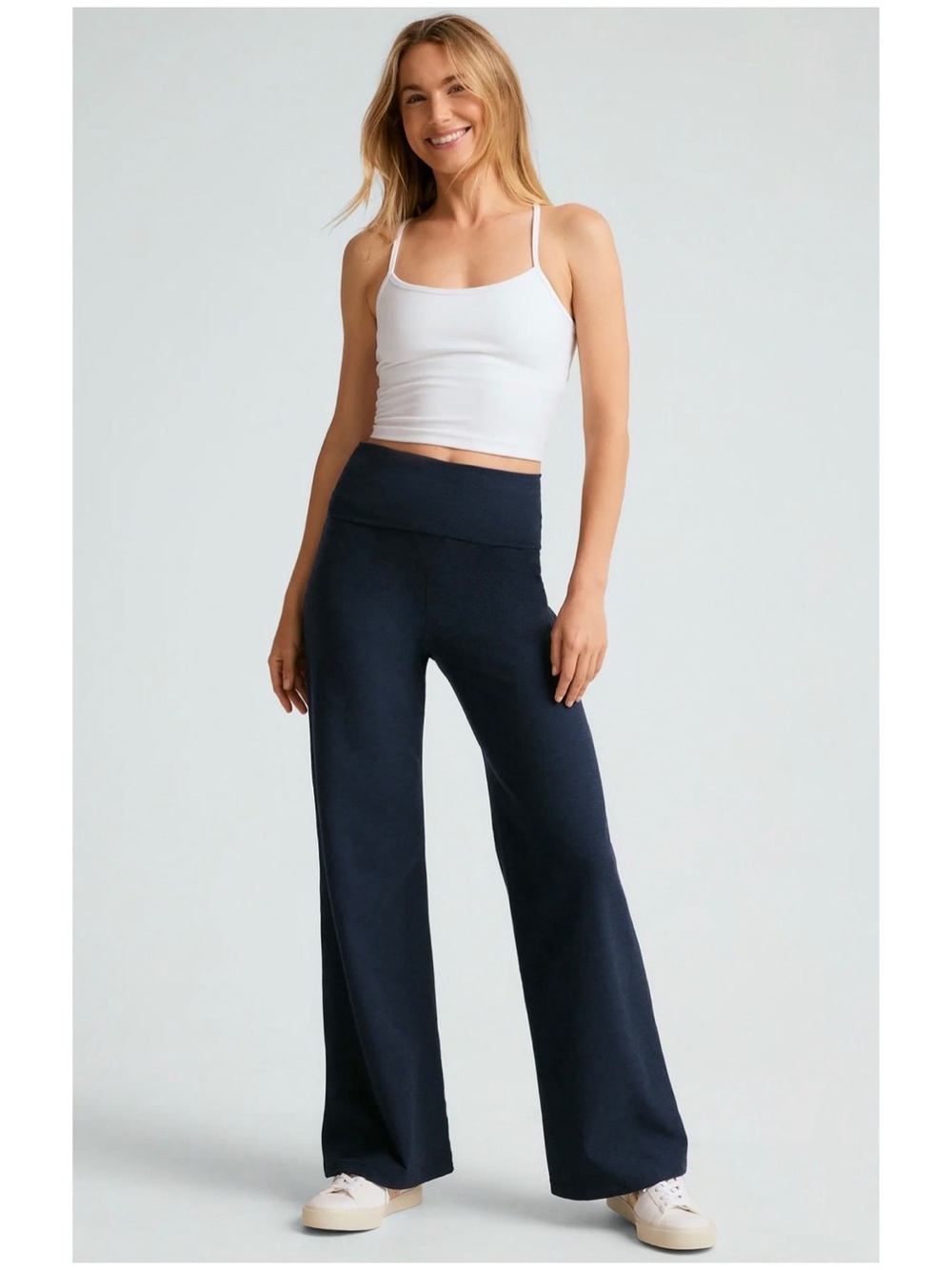Beyond Yoga Women’s Sz M Navy Blue Spacedye Foldover Wide Leg Pant High Rise